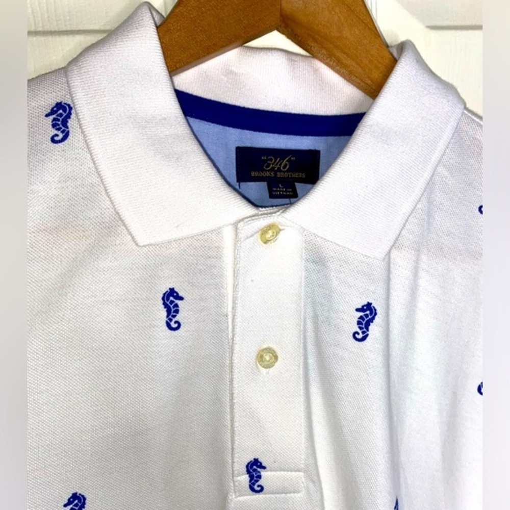 Brooks Brothers White and Blue Polo Shirt with Seahorse Print, Nautical Details